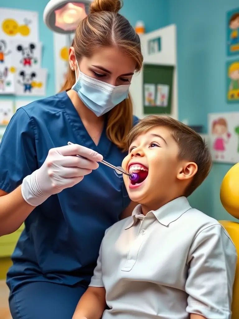 A caring dentist examining a young child's teeth with a colorful, kid-friendly dental office in the background, creating a positive experience at Honest Tooth Family Dentistry.