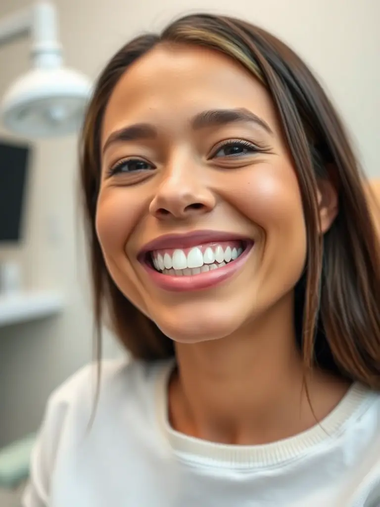 A patient smiling confidently after receiving teeth whitening treatment at a dental clinic.