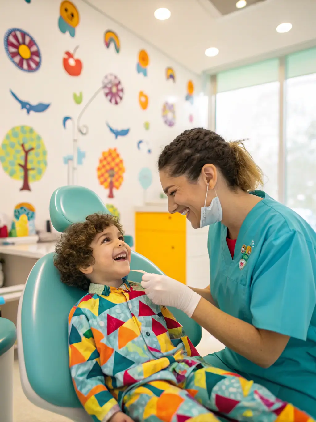 A dentist gently examining a child's teeth, with the child smiling and relaxed in the dental chair.