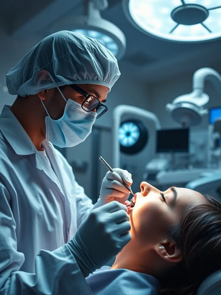 A close-up of a dentist using modern equipment to perform a filling on a patient's tooth.