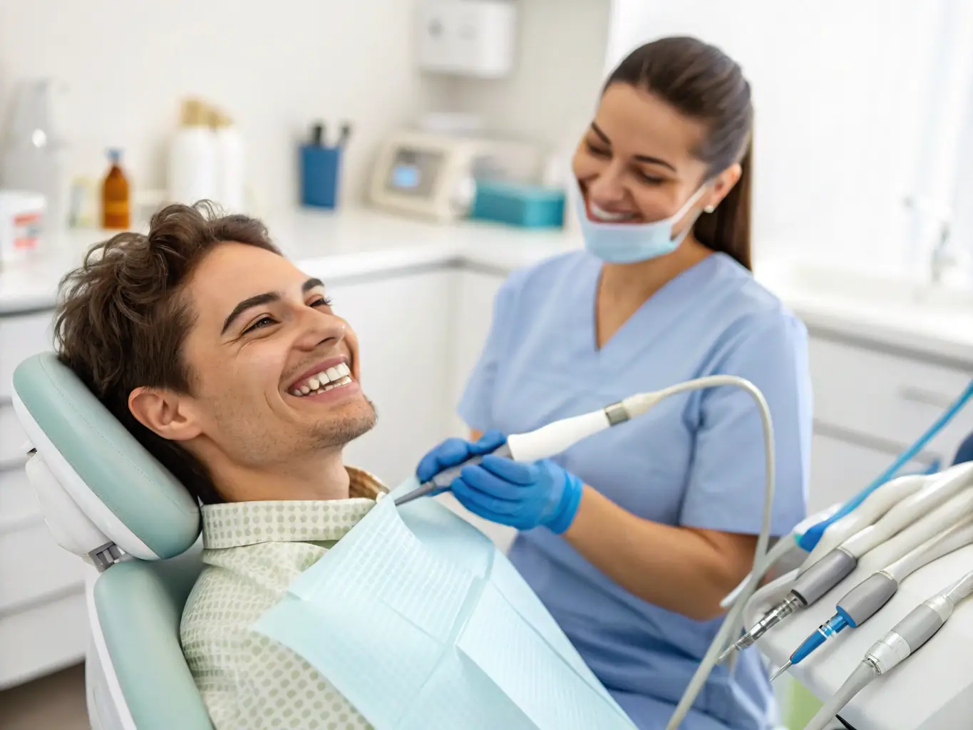 A dentist performing a routine dental cleaning on a patient in a modern dental office setting, showcasing the clinic's commitment to preventive care.