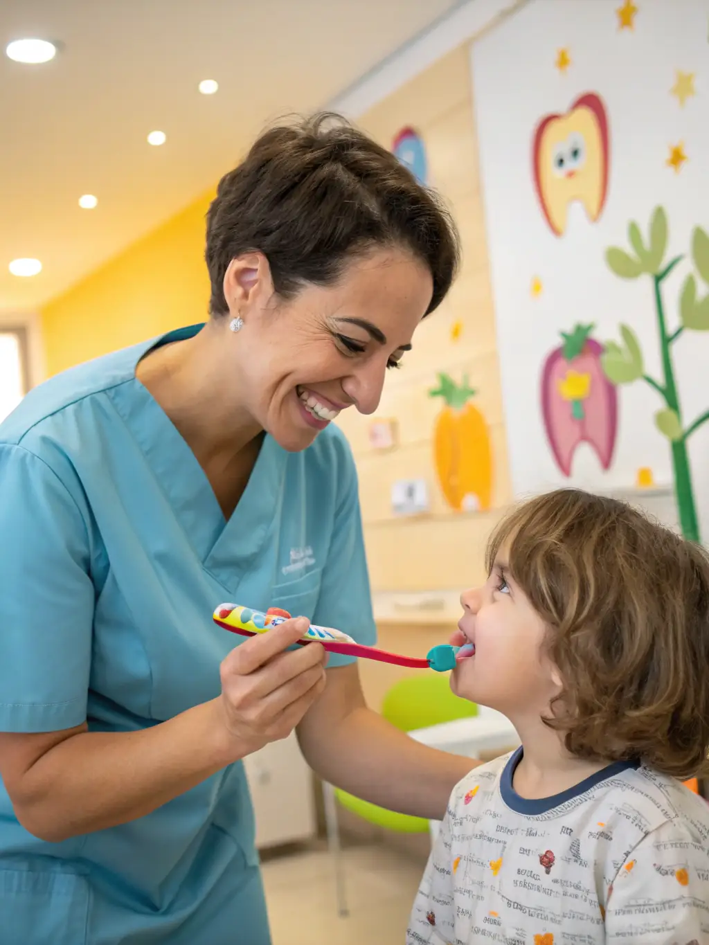A dentist demonstrating proper teeth brushing technique to a young patient in a brightly lit dental office.